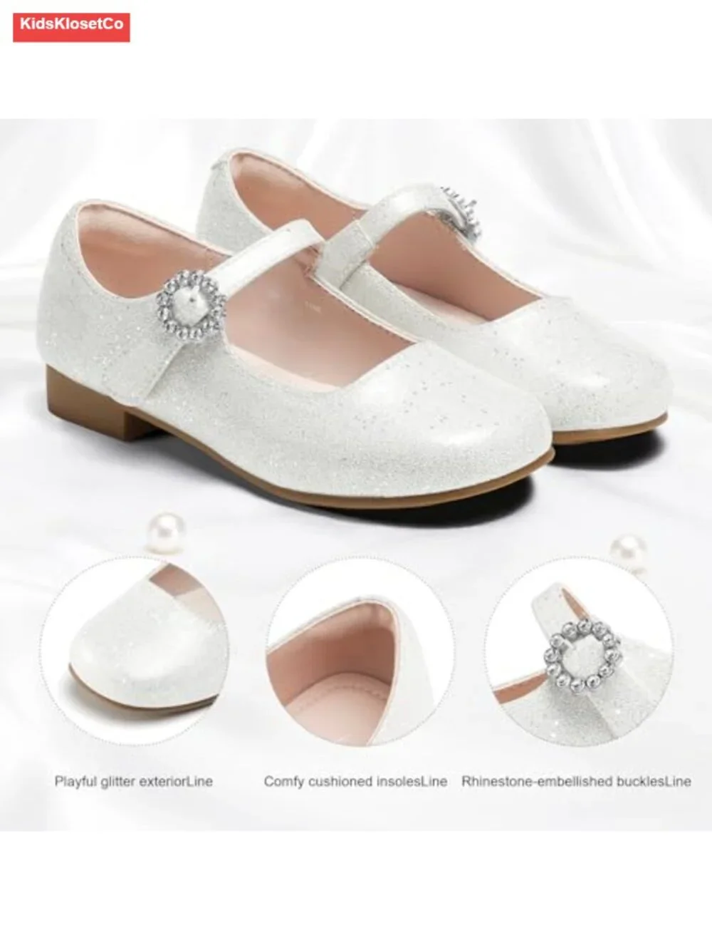 Girls Rhinestone Buckle Mary Jane Dress Shoes Hook and Loop Closure Flats